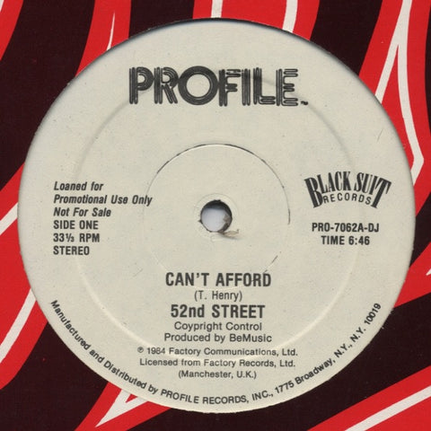 52nd Street ‎– Can't Afford - VG 12” Single Record 1984 USA Promo Original Vinyl - Freestyle / Electro / Synth Pop