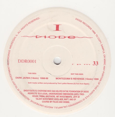 DJ Toni – Montezuma's Revenge / Dark Japan - VG+ 12" Single Record 1999 Diode White Vinyl - Techno / Breaks