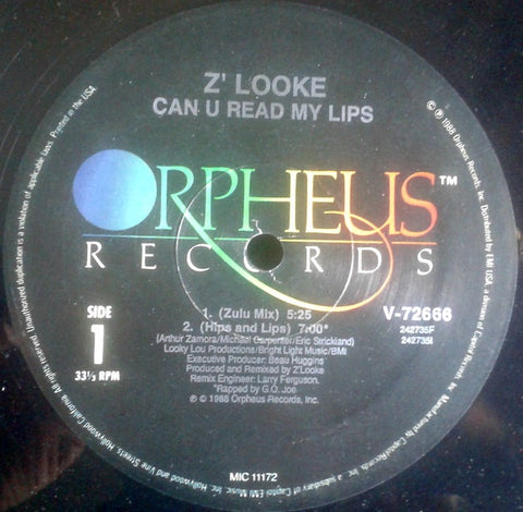 Z'Looke – Can U Read My Lips - VG+ 12" Single Record 1988 Orpheus USA Vinyl - Hip Hop / New Jack Swing