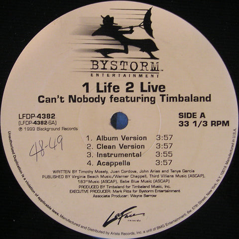 1 Life 2 Live feat. Timbaland – Can't Nobody - VG+ 12" Single USA 1999 (Promo) - Hip Hop - silveradocustomhomesinc Linz