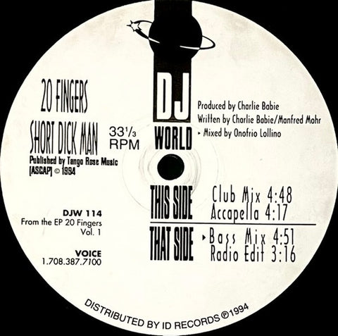 20 Fingers – Short Dick Man - VG 12" Single Record 1994 D.J. World USA Vinyl - Linz House / Ghetto House