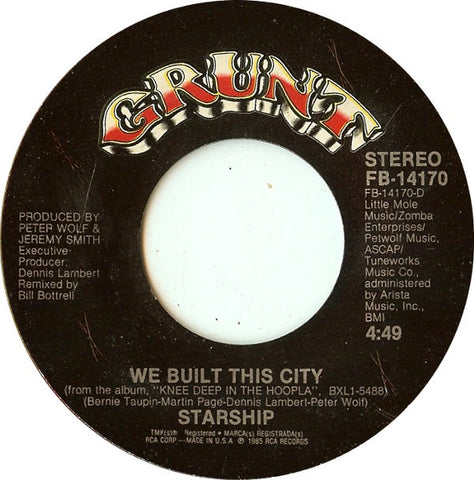 Starship- We Built This CIty / Private Room- VG+ 7" Single 45RPM- 1985 Grunt USA- Rock/Pop