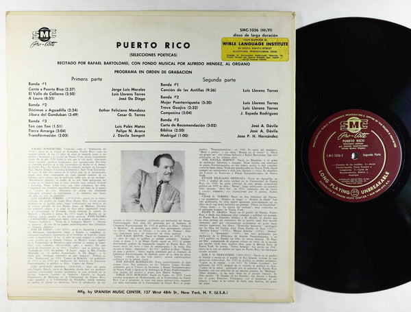 Rafael Bartolomei - Puerto Rico (Selecciones Poeticas) - VG+ LP Record 1955 SMC Pro-Arte USA Vinyl - Latin