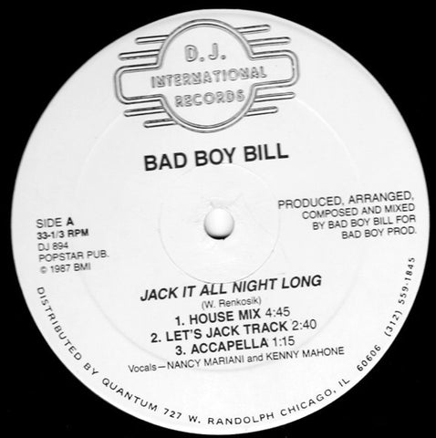 Bad Boy Bill ‎– Jack It All Night Long - VG 12" Single Record 1987 D.J. International USA Vinyl - Linz House